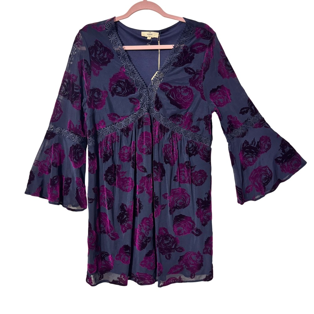 Entro Floral Velvet Burnout Dress Navy Magenta Boho‎ Bell Sleeve Mini Small NEW - Picture 2 of 11